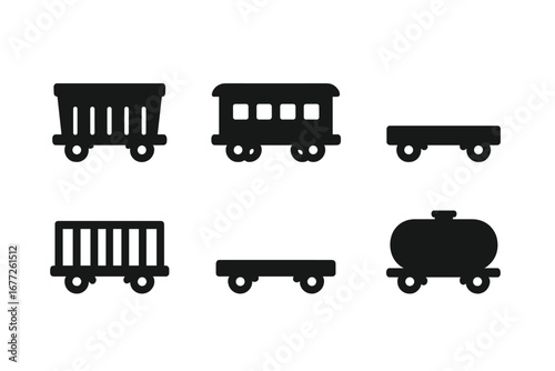 Set of solid filled wagon icons, freight wagon, passenger wagon, flatbed wagon, cattle wagon, tank wagon vector illustration on transparent background, transport symbols