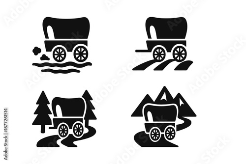 Solid filled wagon environment icons set with dusty trail, dirt road, forest path, and mountain pass vector illustration on transparent background