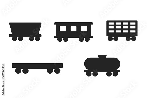 Solid filled vector icons set of different types of train wagons including freight wagon, passenger coach, flatbed wagon, cattle wagon, tank car, railway transport symbols on transparent background