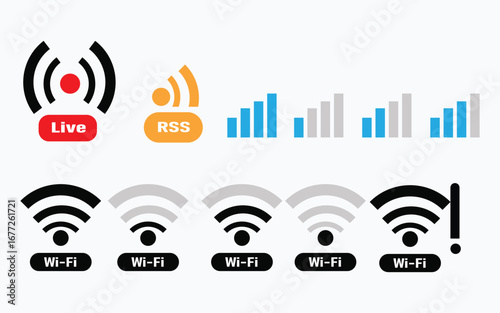Various wireless connection icons representing wifi rss and live stream on white background