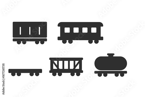 Solid wagon icons grid, filled vector set of freight wagons including passenger wagon, flatbed wagon, cattle wagon, and tank wagon, transport symbol illustration