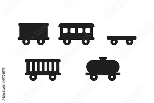 Vector set of solid filled wagon icons including freight wagon, passenger wagon, flatbed wagon, cattle wagon, tank wagon, railway freight cars, transport symbols, flat design vector