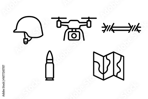 War Reportage Icon Set, Outline Vector Illustration of Soldier Helmet, Military Drone Camera, Barbed Wire, Bullet Shell, Tactical Map Symbols for Conflict and Combat Design