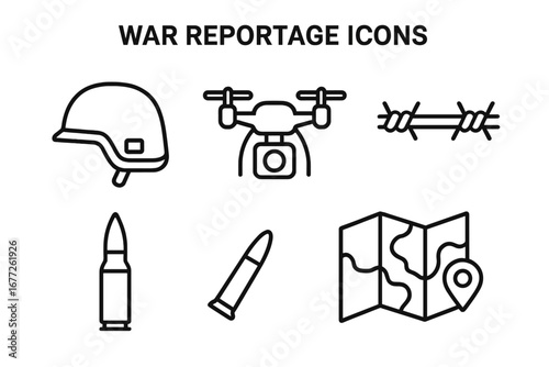 War reportage icon set, outline vector illustration of soldier helmet, drone camera, barbed wire, bullet shell, map for conflict journalism and military themes