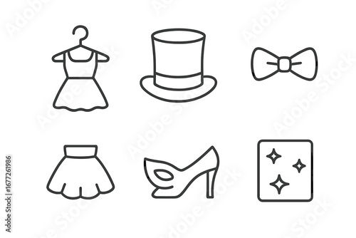 Wardrobe Icon Set, Outline Vector Collection of Costume and Fashion Elements Including Dress Hanger, Top Hat, Bow Tie, Tutu Skirt, Masquerade Mask, High Heel Shoe, and Glitter Fabric Illustration