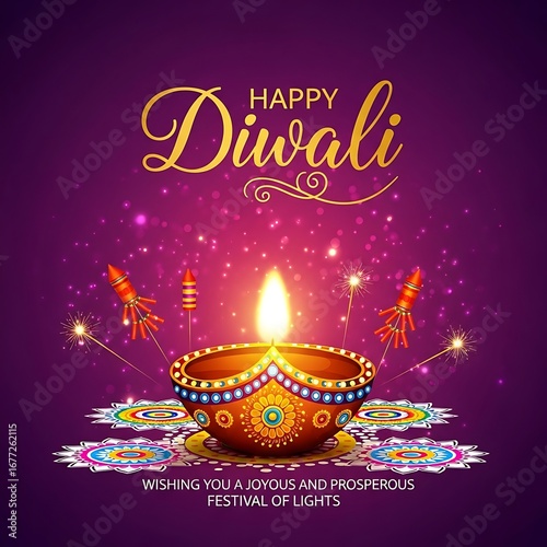 Happy diwali celebration with a glowing diya lamp, fireworks, and rangoli design on a purple background, wishing you a joyous and prosperous festival of lights