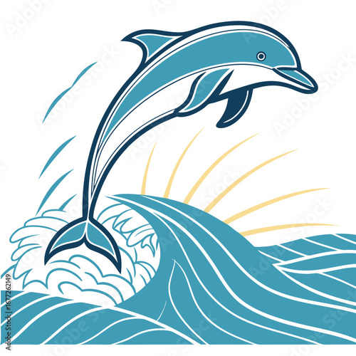 Blue Dolphin Leaping Over Waves With Sun Rays Graphic Art jumping ocean