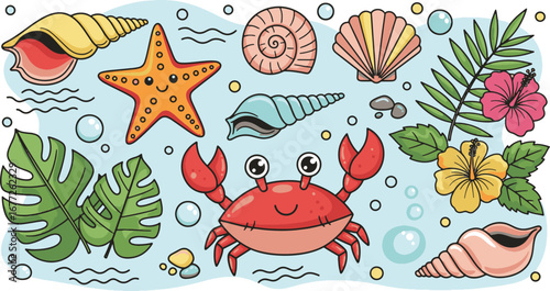 Cute cartoon collection of sea creatures and tropical elements with crab, starfish, and seashells. Hand-drawn summer beach illustration set