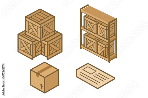 Isometric Warehouse Icon Set of Stacked Wooden Crates, Crate Shelves, Cardboard Boxes, Labels, and Storage Elements in Flat Vector Style