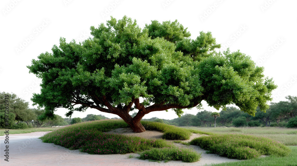 Obraz premium Majestic Oak Tree: A sturdy oak tree stands proudly in a picturesque landscape. The image captures its sprawling branches and lush green foliage, portraying the beauty and strength of nature.