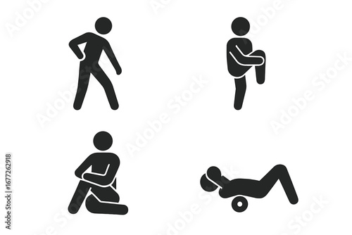 Warm-Up Icon Set, Solid Filled Vector Illustrations of Dynamic Stretching, Knee Hugs, Torso Twist, Foam Rolling for Back Massage, Deep Stretch Exercise Icons for Fitness and Cooldown
