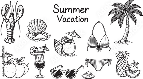 Hand-drawn illustrations depicting a classic summer vacation with iconic beach and tropical elements, perfect for travel and leisure themes