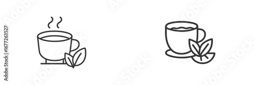 Hot beverage cup with steam and leaves icon