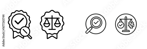 Set of icons representing quality, justice, and evaluation