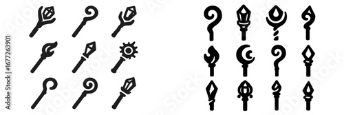 Collection of fantasy magic staffs and wands icons