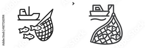 Fishing boat with net catching fish icon