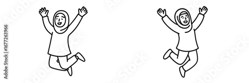 Two cartoon women in hijabs jumping with joy