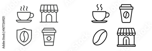 Coffee icons set, hot drink and shop symbols