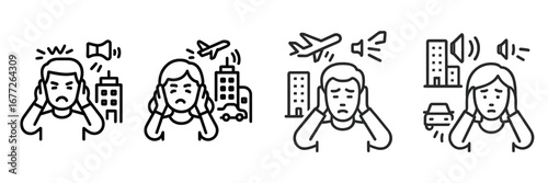 People covering ears from noise pollution in city