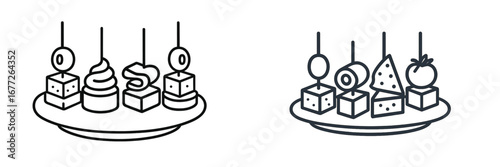 Party food appetizers on a plate line art icon
