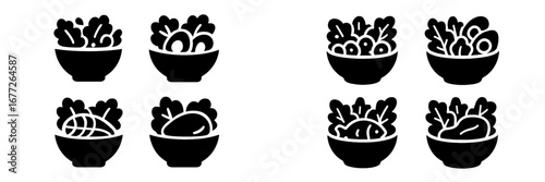 Food bowls with salad and fish icons