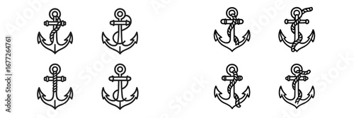 Set of nautical anchor icons with rope