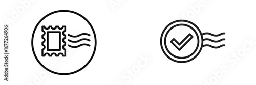Stamp and checkmark icons with wavy lines