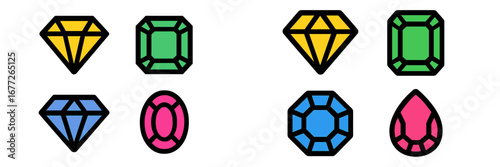 Collection of colorful faceted gemstones on black background