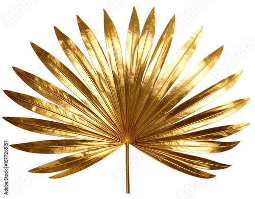 Metallic Gold Palm Leaf Flat Lay, Front-Facing Texture, Isolated on Transparent Background