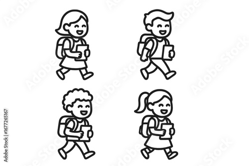 Children with backpacks walking and holding books