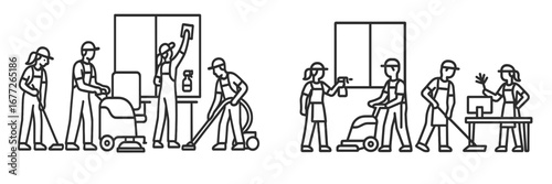 Cleaning crew performing various tasks