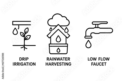 Water Conservation Icons Set, Outline Style Vector Illustrations of Eco-Friendly Water Saving Methods Including Drip Irrigation, Rainwater Harvesting, and Low-Flow Faucet Design