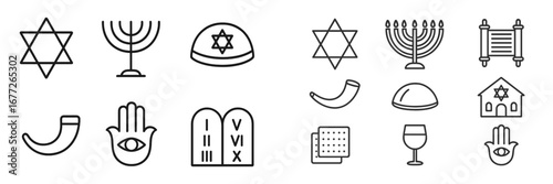 Jewish religious symbols and objects line art collection