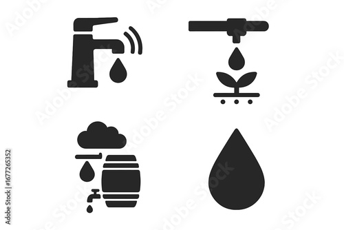 Water Conservation Icons Set, Solid Filled Vector Symbols of Eco-Friendly Smart Faucet, Drip Irrigation System, Rain Barrel Harvesting, and Water Drop Illustration for Sustainability