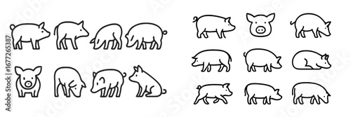 Collection of stylized pig icons in various poses