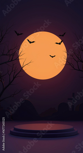 Halloween Night Scene Spooky Moonlit Cemetery Display moon bats