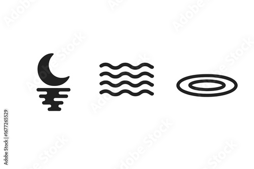 Water Reflection Icons Set, Solid Filled Vector Illustrations of Mirrored Moon Reflection, Rippling Water Surface and Still Lake Ripples, Abstract Nature and Water Texture Symbols