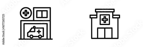 Ambulance parked in front of hospital building icon