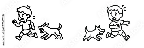 Scared boy running from aggressive dog