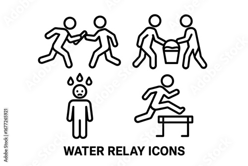 Water relay race icons, outline vector set including baton exchange, water bucket relay, soaked teammate, hurdle challenge symbols, sports teamwork, competitive water relay illustrations