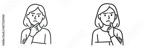 Woman thinking with finger on chin, line art