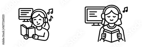 Person reading book with headphones and computer