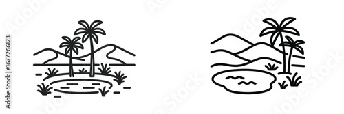 Palm trees and oasis in desert landscape line art