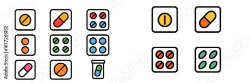 Collection of medicine pills and capsules in packaging