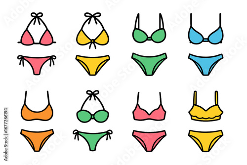 Colorful bikini set icons on a dark background