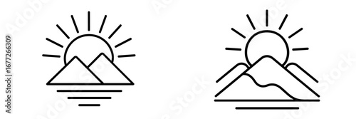 Sunrise over mountains and water line art icon