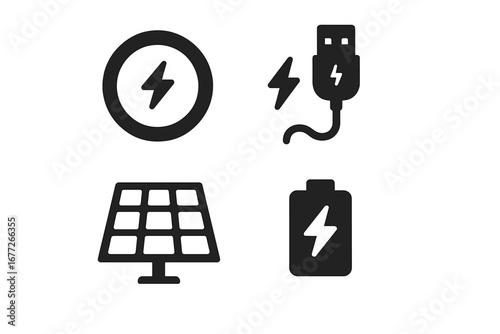 Solid filled wearable power icons set with wireless charger, USB cable, solar panel, battery vector illustration on transparent background for tech energy concepts