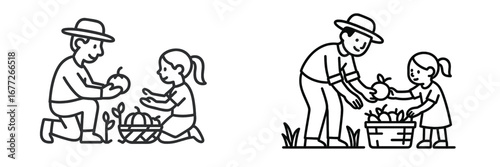Father and daughter harvesting apples in a basket