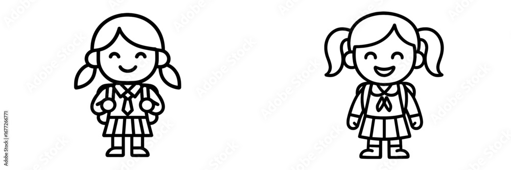 Two cartoon girls with pigtails and school uniforms Two cartoon girls with pigtails and school uniforms