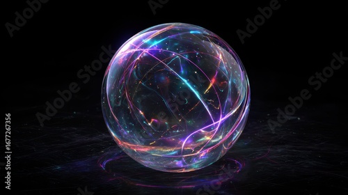 A Luminous Glass Orb Containing Swirling Ribbons of Neon Plasma Energy.